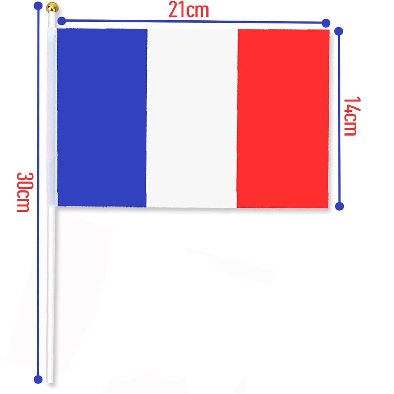 10 Drapeaux Français - 21x14cm Avec Manche - Polyester Résistant | Support Équipe De France