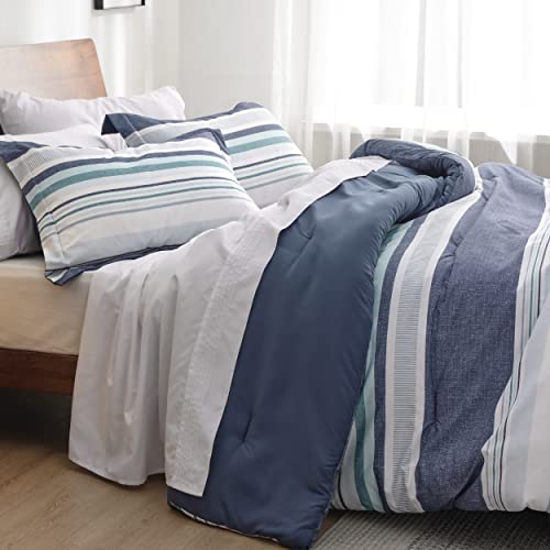 Bedsure Comforter Set Queen Size - Striped Bedding Comforter Set for Boys, 3 Pieces, 1 Soft Reversible Blue Comforter and 2 Pillow Shams - Image 3