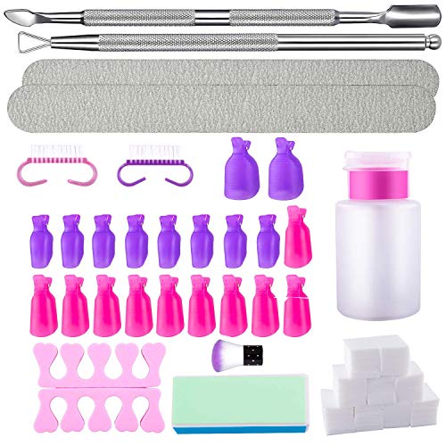 Nail Polish Remover Tools Kit with Toe and Finger Nail Clips Caps Wipe Cotton Pads Nail File and Buffer Block Nail Brush Cuticle Pusher Remover Gel Toe Separators and Push Down Dispenser Bottle (A)