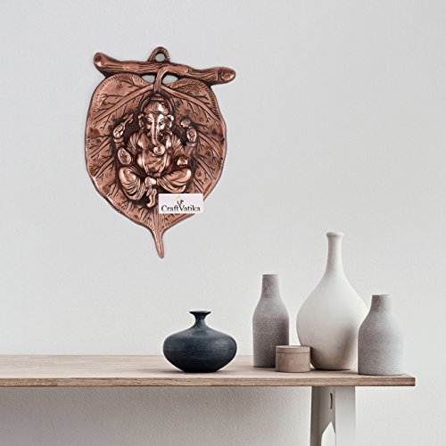 Image of Collectible India Ganesha Leaf Metal Wall Hanging Sculpture | Ganesh Idol Home Decor Ganpati on Leaf Lucky Feng Shui Wall Art