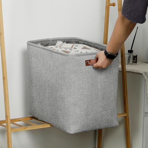 Image of DULLEMELO Large Storage Baskets for Blankets Living Room 51L Canvas Storage Baskets for Organizing 3 Pack Collapsible Baskets Bins for Organizing Home Office with Handles (Grey)