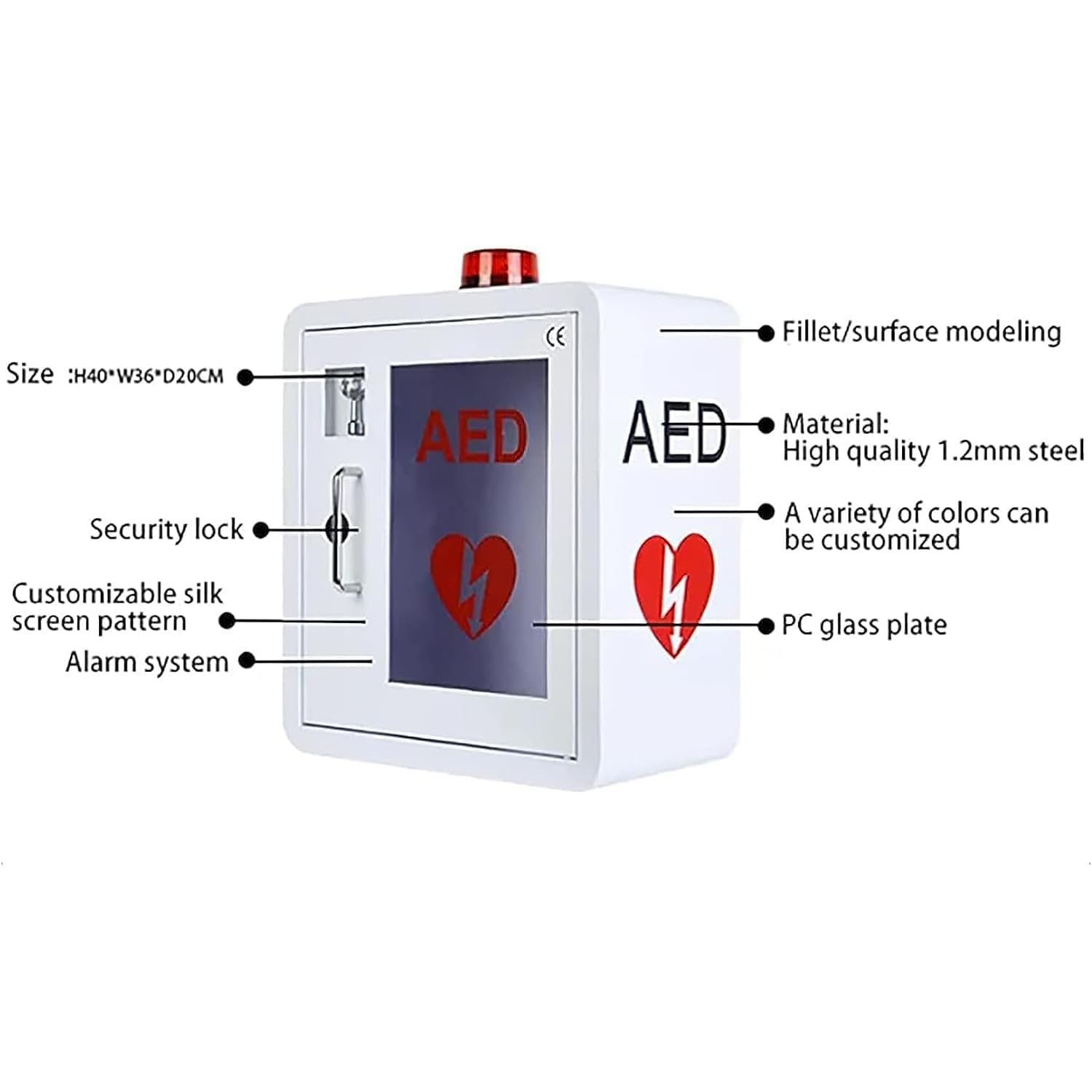 AED-Schrank, Wandmontageschrank aus Metall und Stahlblech mit Schlüssel- und Alarmsystem, Erste-Hilfe-Koffer, Abgerundeter Eckrand, passend für die meisten AED-Modelle, für die häusliche Krankenpfle