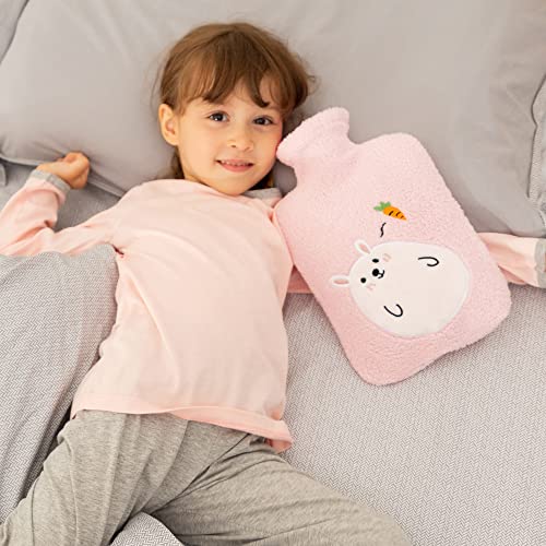Image of Samply Transparent Hot Water Bottle- 2 Liter Water Bag with Cute Fleece Cover, Rabbit Pink