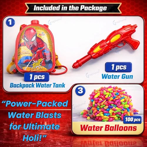 Image of GRAPHENE 3.1L Holi Pichkari Red Water Gun for Kids Back Holding Water Tank High Pressure Water Spray Pistol with 100 Balloons Summer Fun Toy Water Gun for Boys & Girls Summer Pool Party