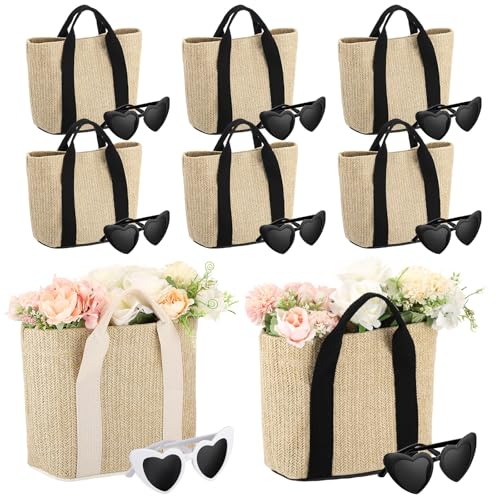 Yeyeplum 8 Set Bachelorette Beach Tote Bags with Handles and Heart Sunglasses Bridesmaid Gift Reusable Jute Straw Bag for Bachelorette Gift Wedding Proposal Bridal Shower for Her