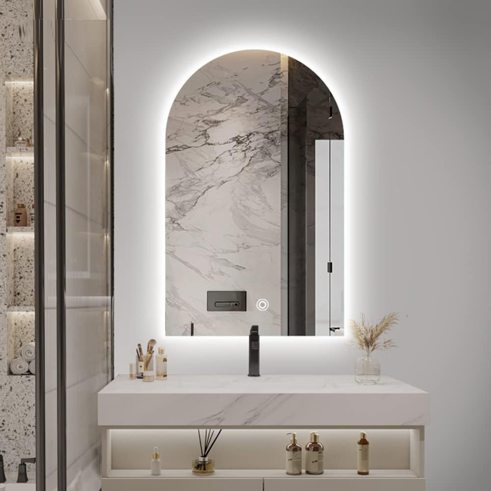 BKSXSOP Elegant Backlit LED Lighted Bathroom Mirror with 3 Color Dimmable Light, Vanity Wall Mount Mirror, Sensor Touch Switch, Vertical Hanging
