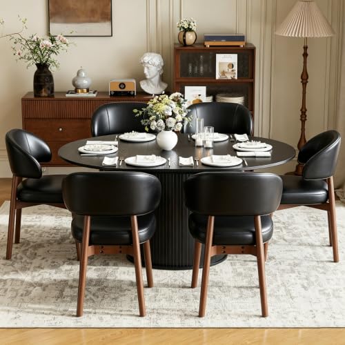Image of MALOL 47 inch-63 inch Extendable Round to Oval Dining Table Chairs Set for 4-8, Modern Wooden Kitchen Table and Chairs with Hidden Storage and Fluted Design for Dining Room /Small Space(Black)