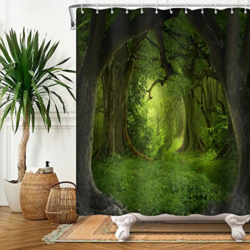 SDOTPMT 140x180cm Magic Forest Shower Curtain Fairytale Fantasy Jungle Tree Green Plant Grassland Bath Curtain Natural Landscape Bathtub Curtain for Bathroom Decor Fabric Polyester with Hooks