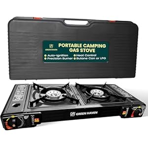 Green Haven Double Burner Camping Stove, Portable Butane Gas or LPG Cooker with Grill Plate and Outdoor Gas Cooker - Camping Cooker for BBQ Caravan