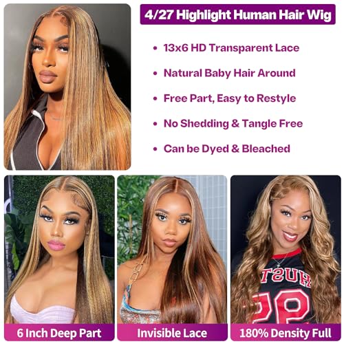 image for Btomar 30 Inch Ombre Highlight 13x6 Lace Front Wigs Human Hair HD Tran
