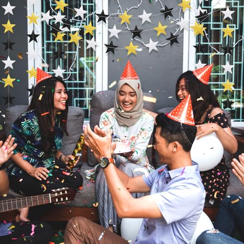 Image of Patelai Glitter Star Garland Banner 2026 Party Decor 130 Feet Star Hanging Streamers Twinkle Backdrop for Classroom Birthday Graduation Wedding Supplies(Silver Gold Black)
