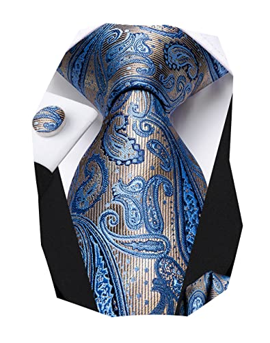 Image of Hi-Tie Men 63inches Tie Set Extra Long Necktie Paisley Tie Pocket Suqare Cufflinks Big and Tall Men Tie