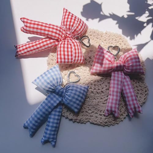 Image of Pink Bow Keychain Bag Charms Y2K Bowknot Plaid Keychains Coquette Aesthetic Purse Handbag Backpacks Charms (Red Houndstooth)