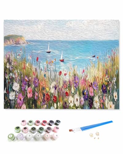 VamJump 数字油絵 手塗り 自然 青空 山 油絵 風景 花 春 DIY絵 初心者 時間をつぶす 壁飾り アートクラフト 絵画手芸キッ 絵の具をつける 塗りつぶし掛け 50x60cm