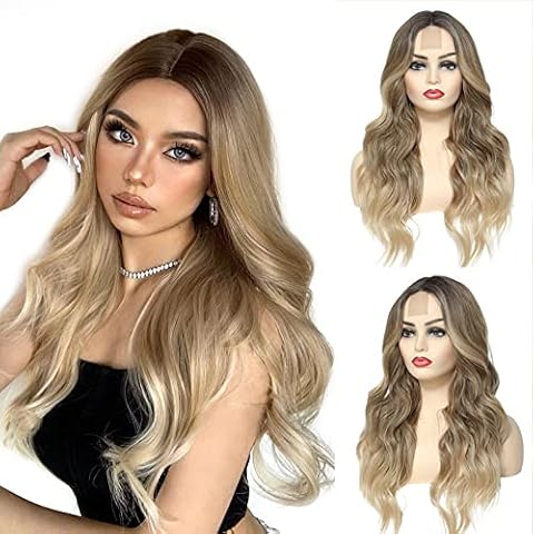 iShine Long Wavy Wigs Ombre Blonde Wigs for Women, Lace Front Synthetic Curly Wig with Natural Middle Parted for Daily/Party/Cosplay Heat Resistant 24 Inch Cover