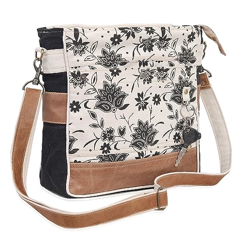 Image of CLA Bags SEL de MER Upcycled Olive Green Blossom Print Canvas & Leather Shoulder Bag, Canvas Crossbody Bags for Women