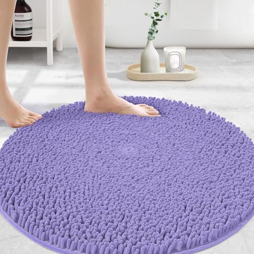 Image of Large Round Area Rug Set for Bathroom 36 inchx36 inch Soft Plush Chenille Bath Mat, Water Absorbent Non-Slip Bathroom Rug | Washable Shag Carpet for Shower, Bedroom, or Home Decor | 36 inchx36 inch Round | Lavender
