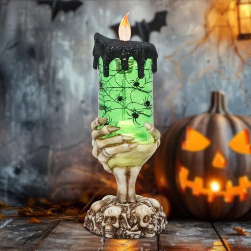 Wondise Halloween Snow Globe Candles Lighted Lamp with USB Powered Battery Operated Spinning Water Glittering Globe with Spider Skeleton Hand Holder for Halloween Centerpiece Decor