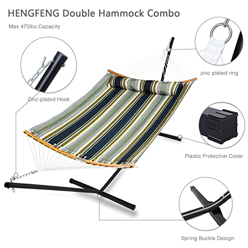Heng Feng Outdoor Hammock With Stand Included 2 Person Heavy Duty Hammock Curved Bamboo Spreader Bars, Detachable Pillow (Blue & Aqua) #TOP6