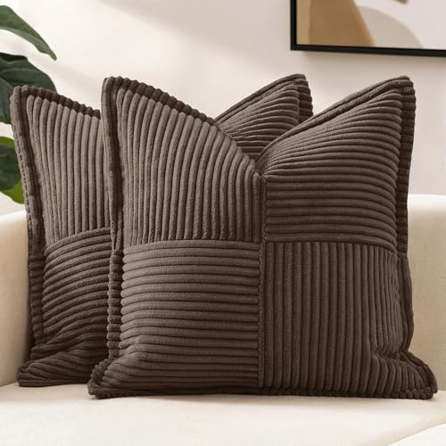 Image of MIULEE Decorative Throw Pillow Covers for Couch Bed Livingroom 20x20 Inch Set of 2 Dark Brown Boho Accent Throw Pllows Broadside Striped Patchwork Soft Corduroy Pillowcases