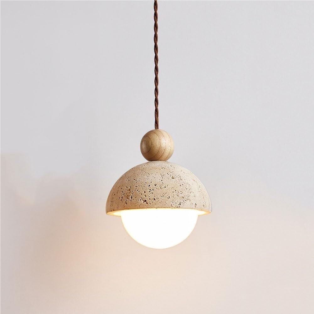 LYOUAE 5.9 in Vintage Mini Yellow Travertine Pendant Light Nordic Natural Stone Hanging Light Travertine & Wood Hanging Lamp(Wood)