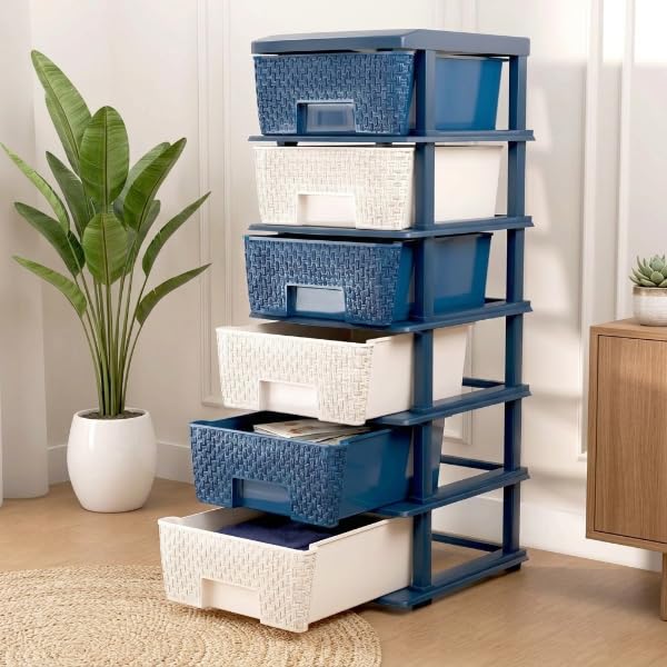 Image of Plastic Modular Drawer Storage Chest Of Drawers Organizer Storage Box, Large Stomo Racks For Multipurpose Anti-slip Shoes Organizers (White & Blue, 6 Layer)