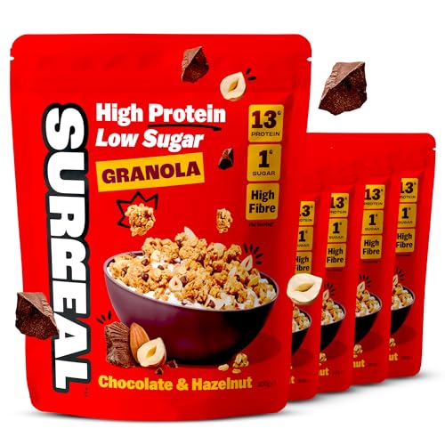 Surreal High Protein Low Sugar Granola - 13g Protein Vegan Snack or Breakfast Cereal - High Fibre Plant-Based Granola Clusters 300 g (5 Packs Chocolate & Hazelnut)
