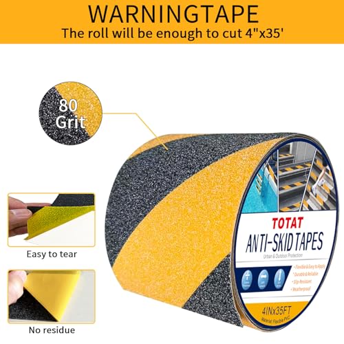 Image of Black & Yellow Anti-Slip Stair Treads Tape, 4 inch x35FT Heavy Duty Non-Skid Grip Tape for Indoor /Outdoor Steps, Bathroom & Pool - PVC Waterproof Safety Traction Tape
