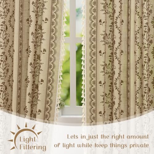 Image of Yinhua Boho Curtains for Living Room 63 Inch Length Vintage Linen Curtains for Bedroom Light Filtering Window Curtain Rod Pocket & Back Tabs Rustic Tassel Drapes with Tiebacks, Beige Brown