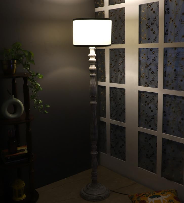 Image of tu casa Mango Wooden Floor Lamps with White Stripe Shade for Home Decor, Bedrooms Corner, Living Room, Gifting, Diwali Decoration, Hall, Office, Study Room (Height: - 56 inch) - Bulb not Included