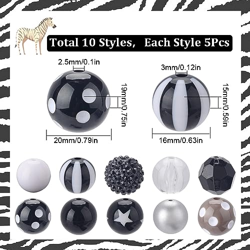 SUNNYCLUE 1 Box 50Pcs 10 Styles Black Halloween Beads Set Bubblegum Beads Bulk Acrylic Bead 20mm Large White Clear Plastic Holiday Round Loose Spacer Bead for jewellery Making Beads Necklace DIY Craft - Image 2