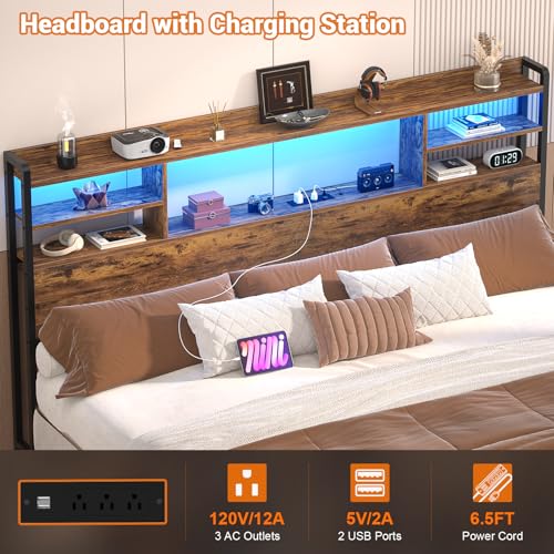 Image of Aheaplus Headboard for King Size Bed with Storage and Outlets, Rustic Brown | Headboards with LED Light, Power Outlets, USB Ports King Size Head Board, Wood headboard Only Sturdy and Stable Headboards
