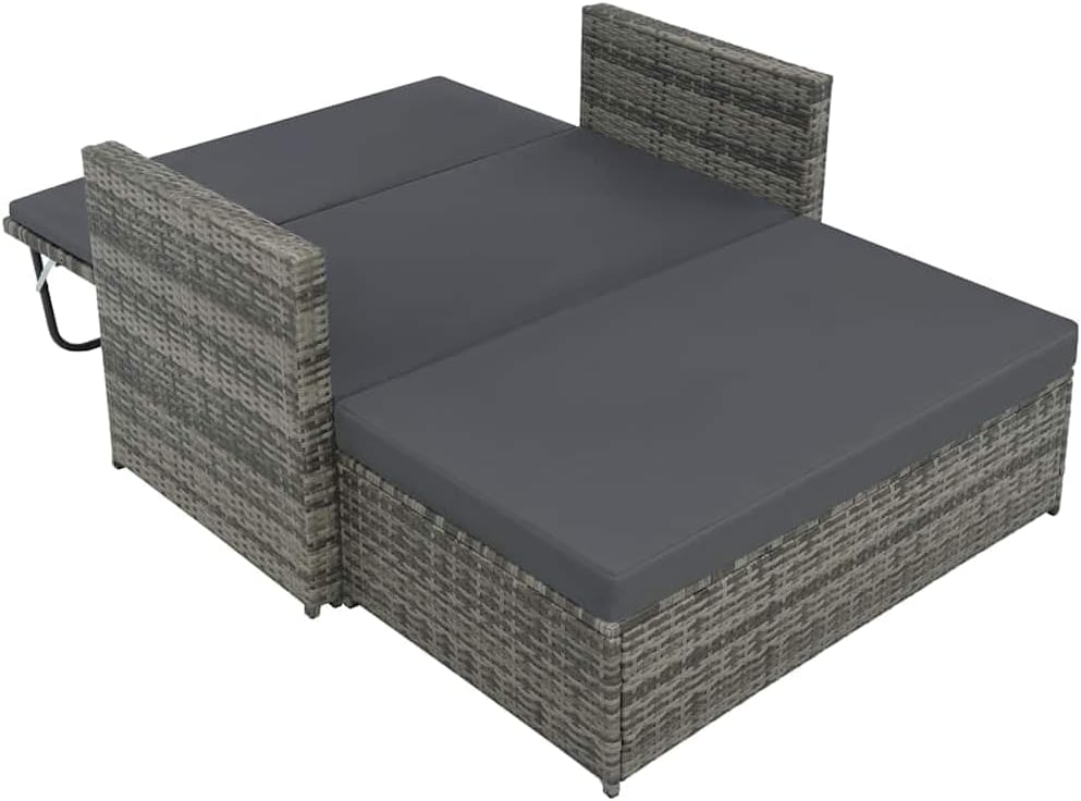 vidaXL Patio Sofa Set 2 Piece, Sleeper Sofa with Cushions, Patio Wicker Love Seat with Adjustable Backrest, Sofa Bed for Backyard Garden, Rustic, PE Rattan Gray