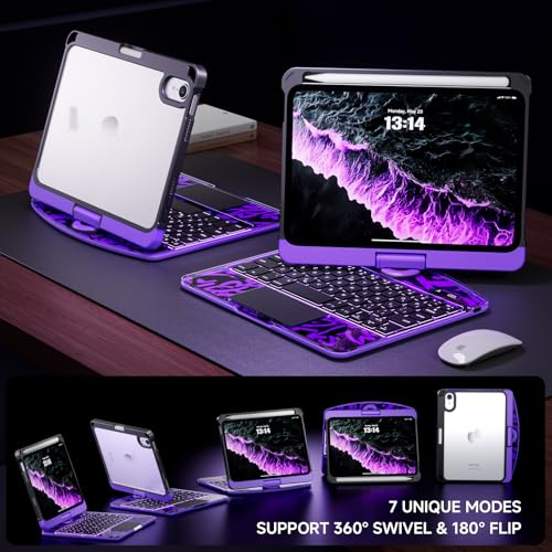 Image of Transparent Case with Keyboard for iPad mini 7 A17 Pro(2024) & Mini 6 (2021) 8.3 inch,7-Color Backlit,Wireless Keyboard, 360Rotating,with trackpad,Pencil Holder,with Shortcuts,Purple