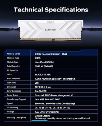 undefined ORICO Raceline Champion DDR5メモリ 32GB (16GB×2枚組) 6000MHz CL30-38-38-76 低レイテンシー設計, Intel XMP 3.0 & AMD EXPO両対応, ON-die ECC無バッファDIMM, ゲーミング/マルチタスク強化モデル - H500 銀色 の商品画像 7
