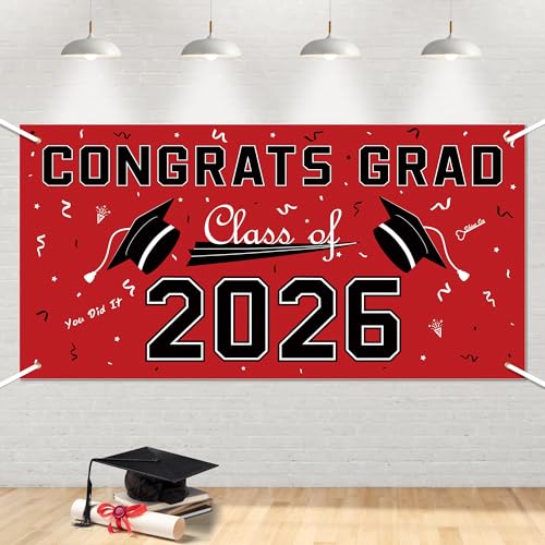 Image of Graduation Decorations 2026 2027 - Red Polyester Graduation Backdrop - Graduation Party Decorations - Congrats Grad Banner - Graduation Decorations Class of 2026,Graduation Party Favors Supplies Yard Sign
