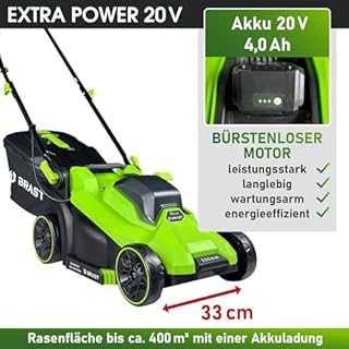 BRAST® Akku-Rasenmäher | 1-2X 20V Akku-Power mit 4,0Ah | 33-43cm Schnittbreite | 5-stufige Schnitthöhenverstellung 25-75mm | bis zu 520m² | 35-50L Fangkorb | klappbarer Führungsholm | City 33