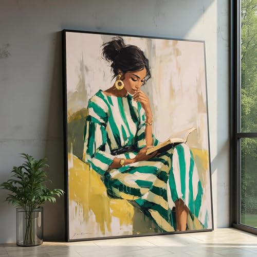 Toile femme lisant 60x90 cm avec cadre intérieur pour salon
