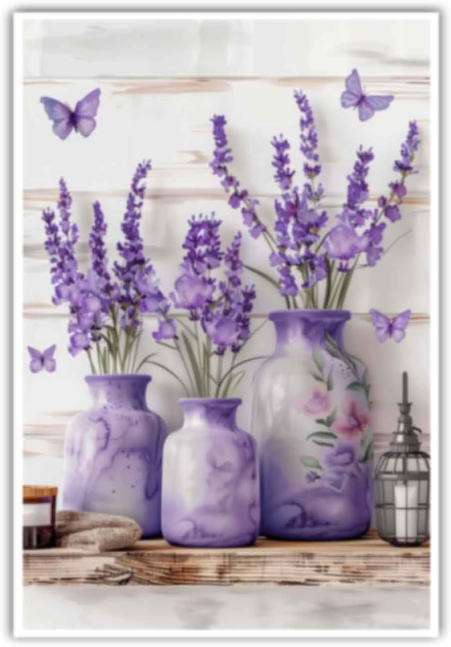 XLMDYYSW Lavender Canvas Prints Wall Art Purple Butterfly Picture Rustic Lavender Floral on Vase Poster Kitchen Bathroom Wall Decor Unframed (White,20.00" x 30.00")