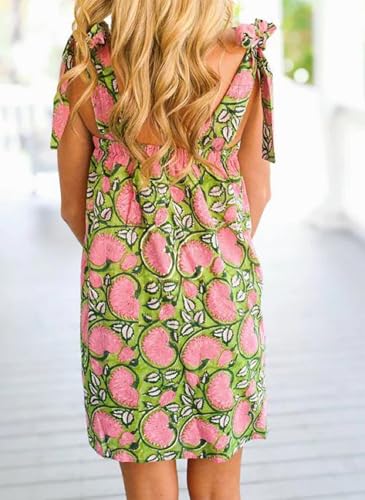 Image of Women Floral Tie Shoulder Mini Dress Cute Square Neck Loose Fit Beach Short Dress Backless Boho Vocation Sundress