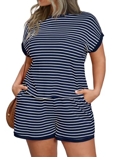 Image of Beautife Womens Plus Size Lounge Set 2 Piece Outfits Stripe Short Sleeve Shirts Tops Shorts Summer Casual Loungewear