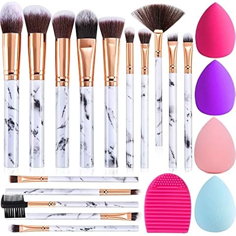 Makeup Brushes DUAIU 15PCs Marble Makeup Brush Set Premium Synthetic Kabuki Powder Blush Contour Foundation Concealer Eyeshadow Brushes with Makeup Sponge and Cleaner Brush Egg Cover