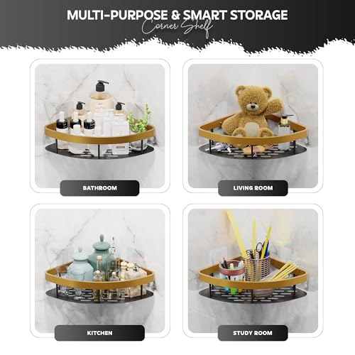 Image of MIORAH Self Adhesive Bathroom Corner Shelf, Rustproof Powder Coated Aluminium Organizer, No Drill Wall Mounted Storage Gold Pack of 1