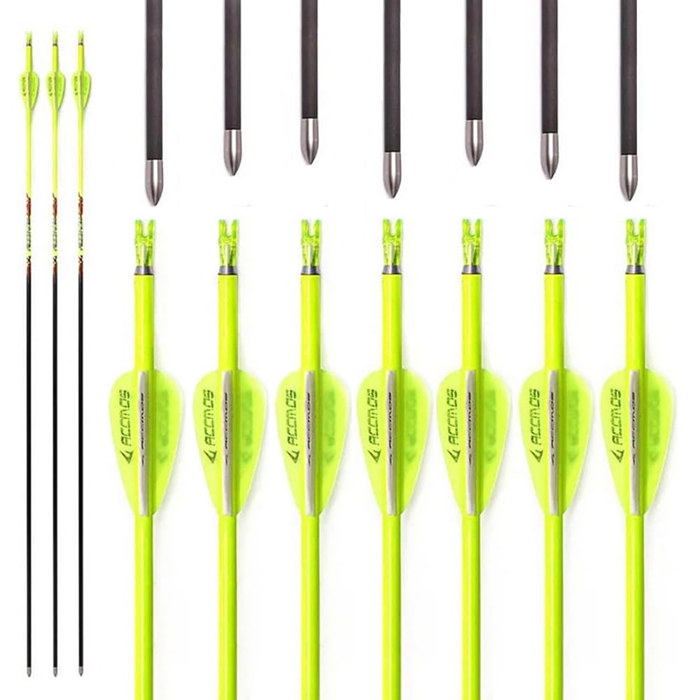 PHILOCS 12pcs Yellow Carbon Arrows, ID 4.2mm Spine 400 500 600 700 800 900 1000, for Recurve Bows Compound BoHunting Archery Practice (31inch,Spine 700)