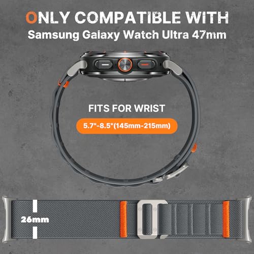 Image of Bandletic Rugged Nylon Compatible with Samsung Ultra Watch Band for Men, Stretchy Soft Wide Sport Loop Strap with G-Hook Compatible with Galaxy Watch Ultra Bands 47mm 2025 /2024, Titanium Buckle, Gray