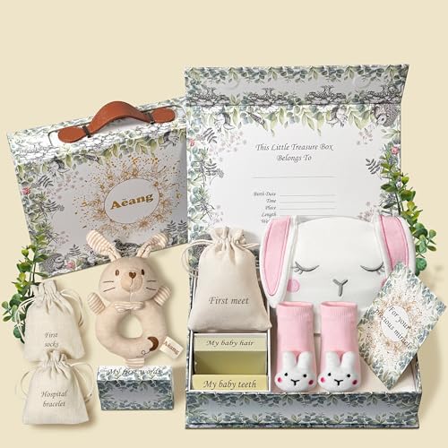 Aeang Baby Shower Gifts for Mom, Newborn Baby Gift Set for Baby Girl Baby Boy - Keepsake Box with Baby Hat, Rattle Socks, Sensory Development Rattle...