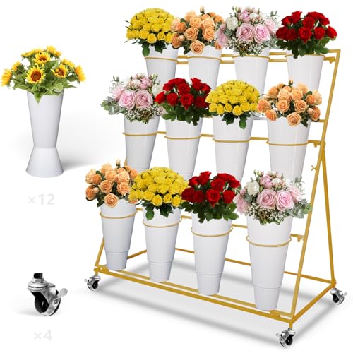 Présentoir à fleurs robuste avec chariot à 3 niveaux et structure métallique noire