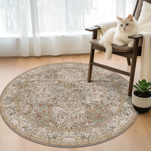 Boho 4ft Circle Area Rugs for Living Room, Oriental Floral Style Round Rug for Kitchen, Bedroom Beside Bed - Non Slip with Rubber Backing, Washable Low Pile Stain Resistant Carpet (Moss Green) by Hazo Haus - Used condition - Image 3