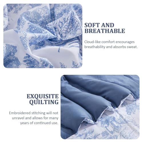 Image of DJY Blue Comforter Set Full, 7 Pieces Full Size Flower Comforters with Sheets Elegant Plants Print Bed in a Bag Soft Microfiber Reversible Complete Bedding Sets for All Season