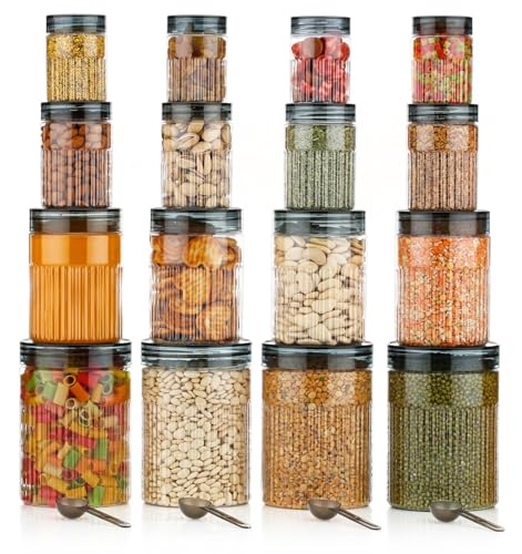 Image of pet Food Storage Containers Set with Airtight Lids, Kitchen Organisation Jars for Pasta, Spices, Dry Goods, Stackable (16 Pcs BLACK)